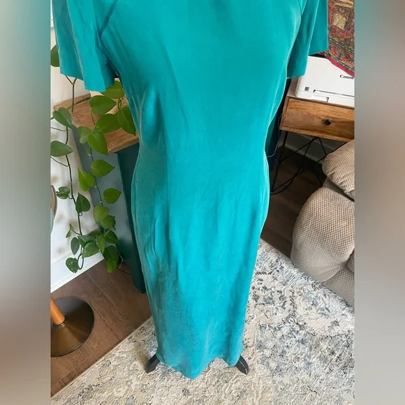 Vintage Teal Liz Claiborne Silk Midi Dress w Mandarin Style Collar Short sleeve - Picture 3 of 7